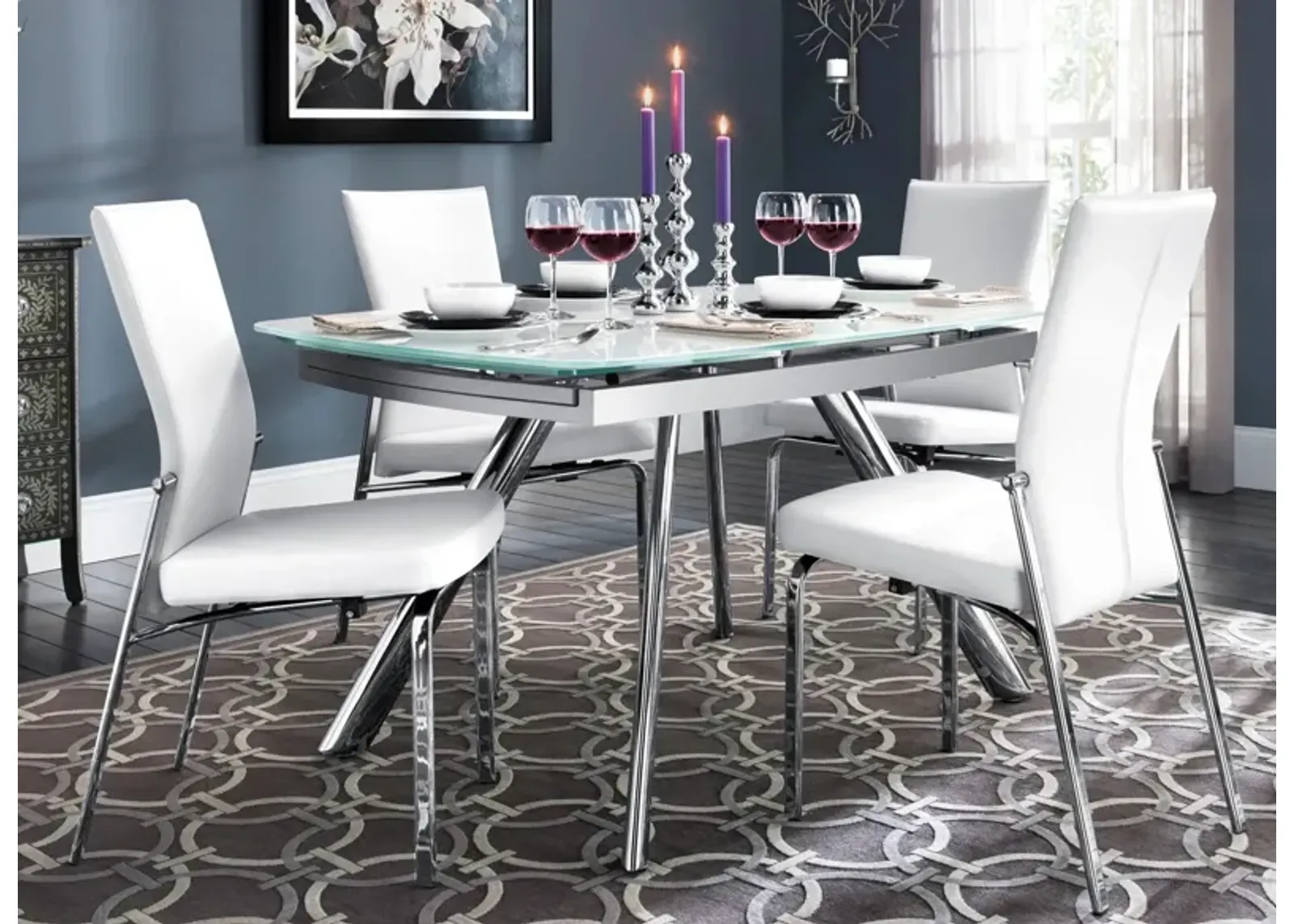 Paloma 5-pc. Glass Dining Set in Chrome / Glass / White by Chintaly Imports