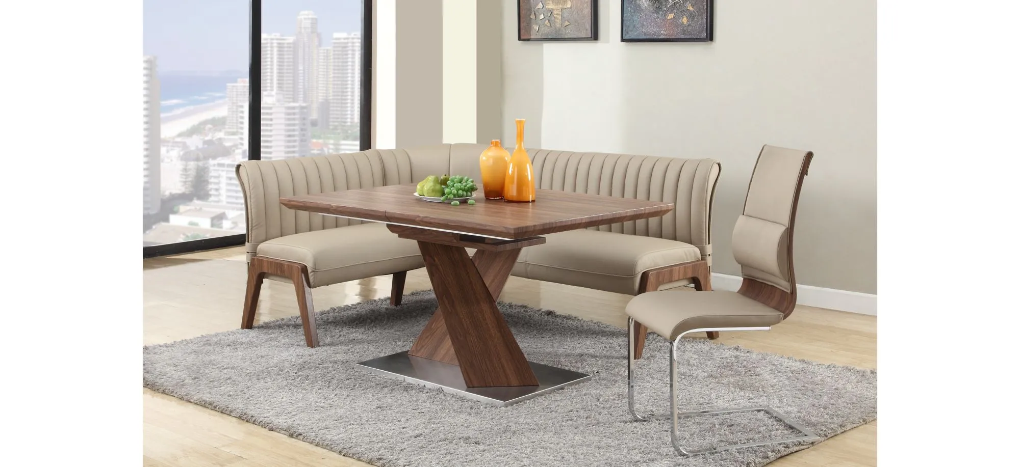 Bethany 3-pc. Breakfast Nook Dining Set in Walnut / Taupe by Chintaly Imports