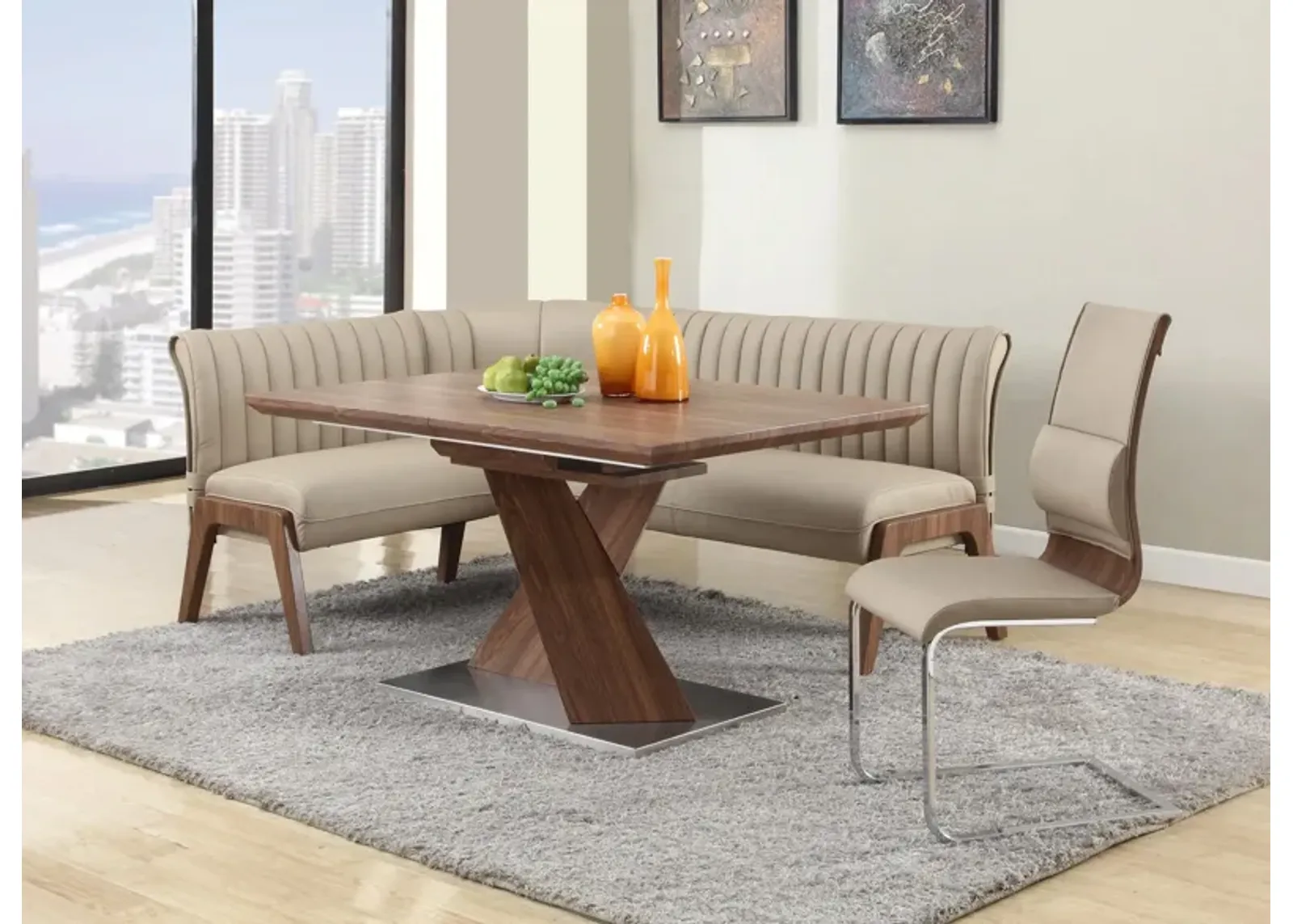 Bethany 3-pc. Breakfast Nook Dining Set in Walnut / Taupe by Chintaly Imports