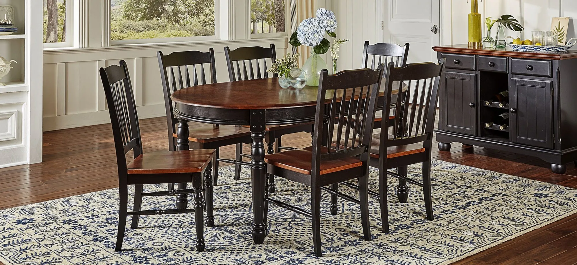 British Isles 7-pc. Oval Slatback Dining Set with Leaves in Oak-Black by A-America