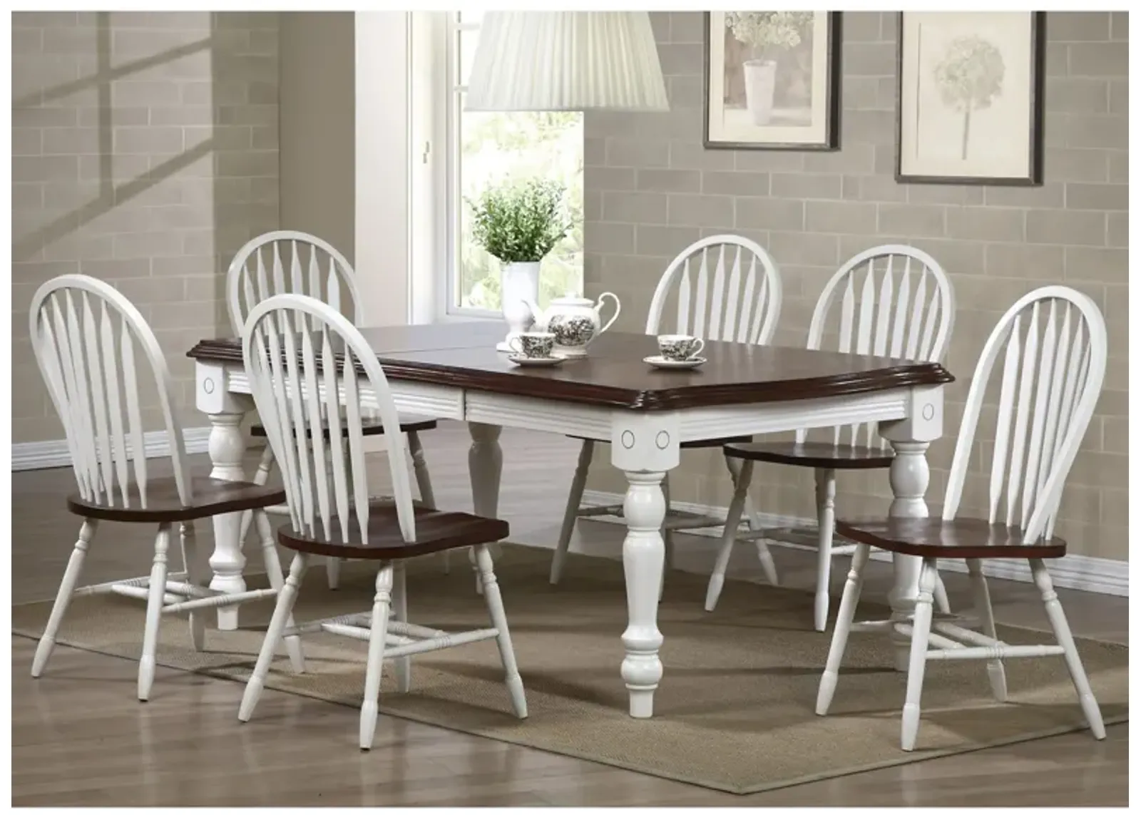 Fenway 7-pc. Dining Set w/ Arrowback Chairs in Antique White/Chestnut by Sunset Trading