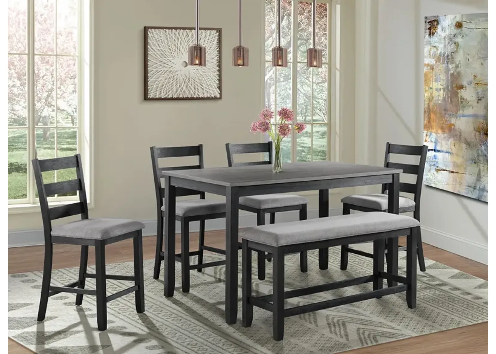 Glenwood 6-pc. Counter- Height Dining Set w/ Bench in Gray/Black by Elements International Group