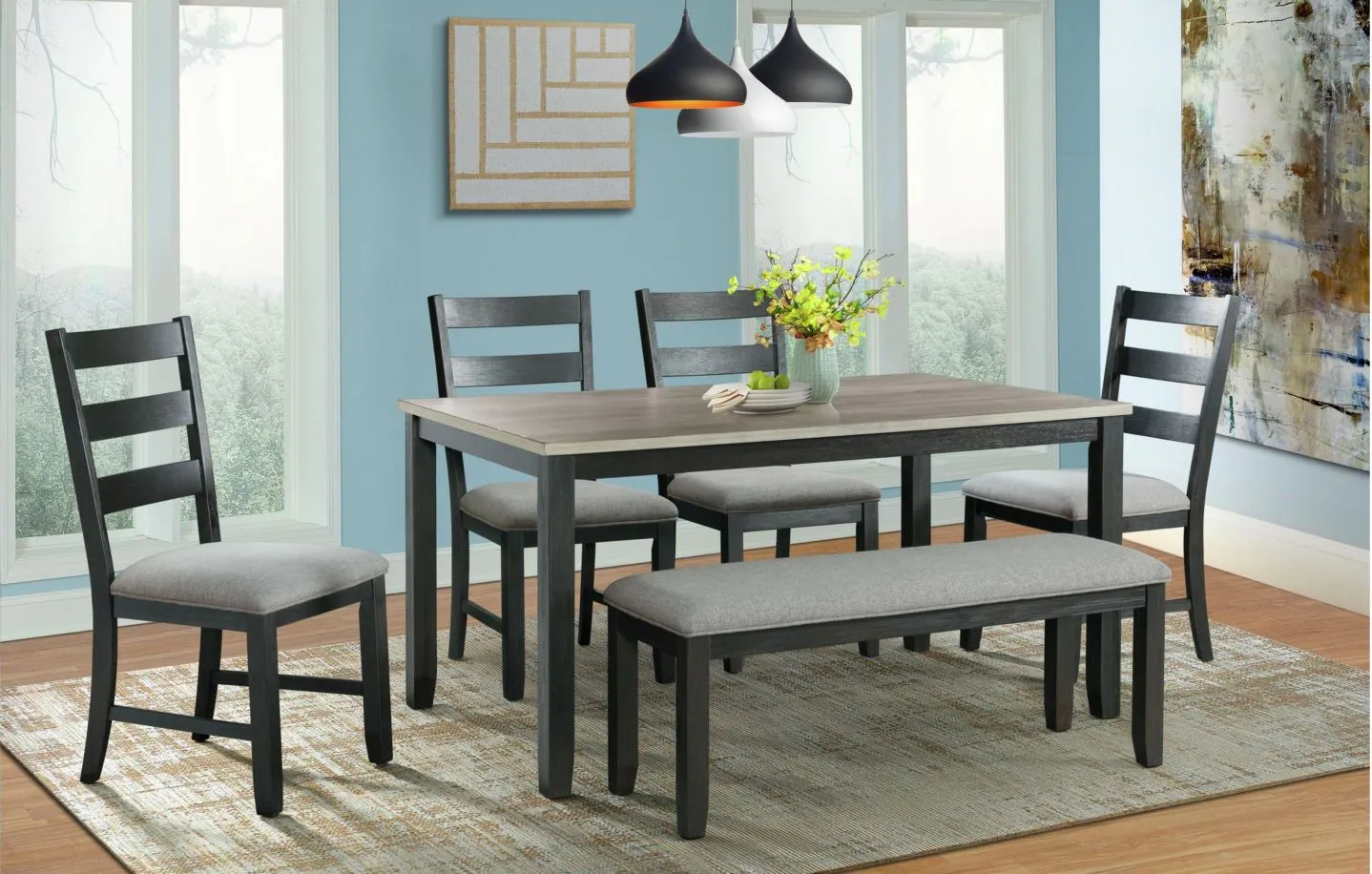 Glenwood 6-pc. Dining Set w/ Bench in Gray/Black by Elements International Group
