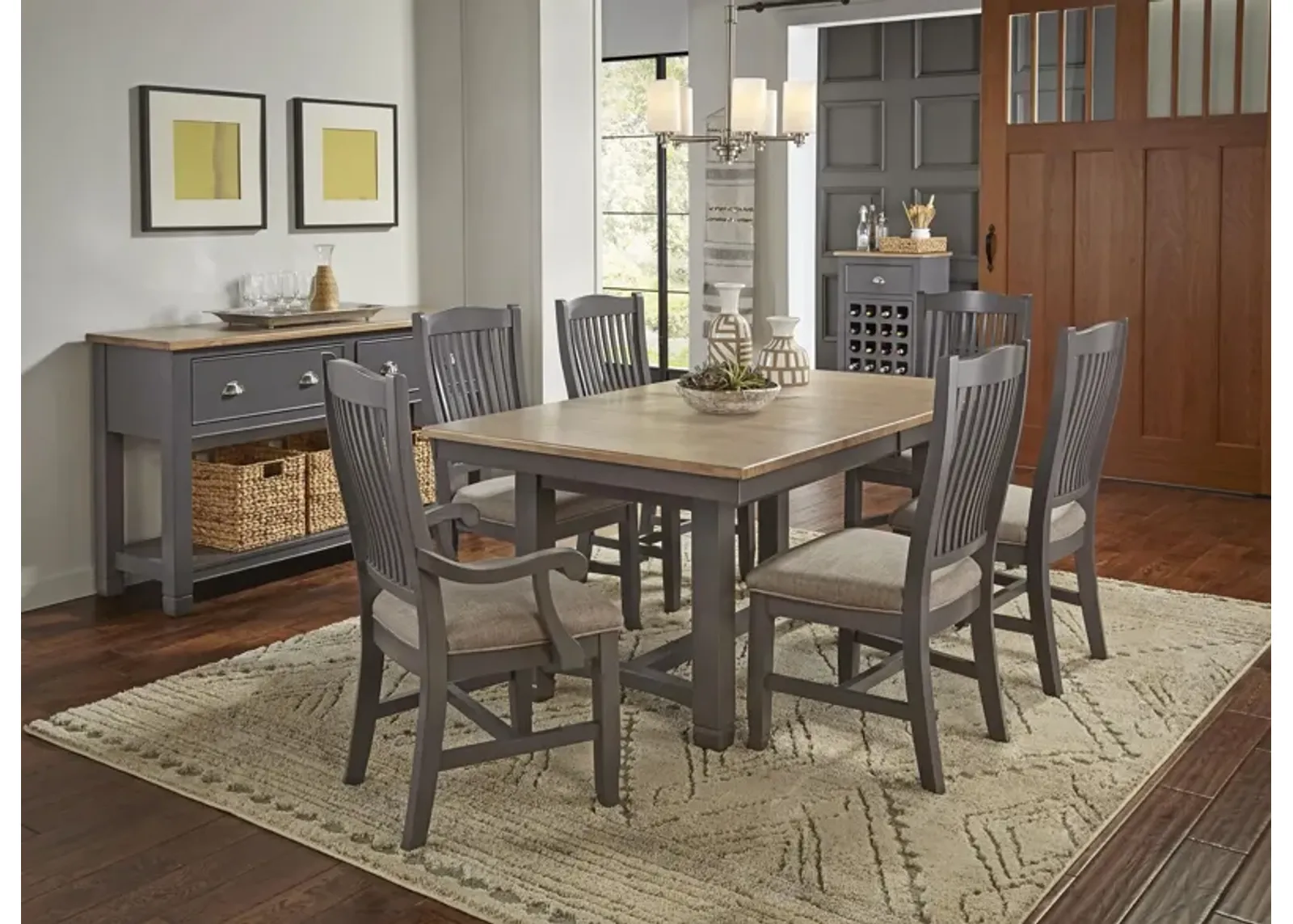 Port Townsend 7-pc. Rectangular Trestle Upholstered Dining Set in Gull Gray-Seaside Pine by A-America