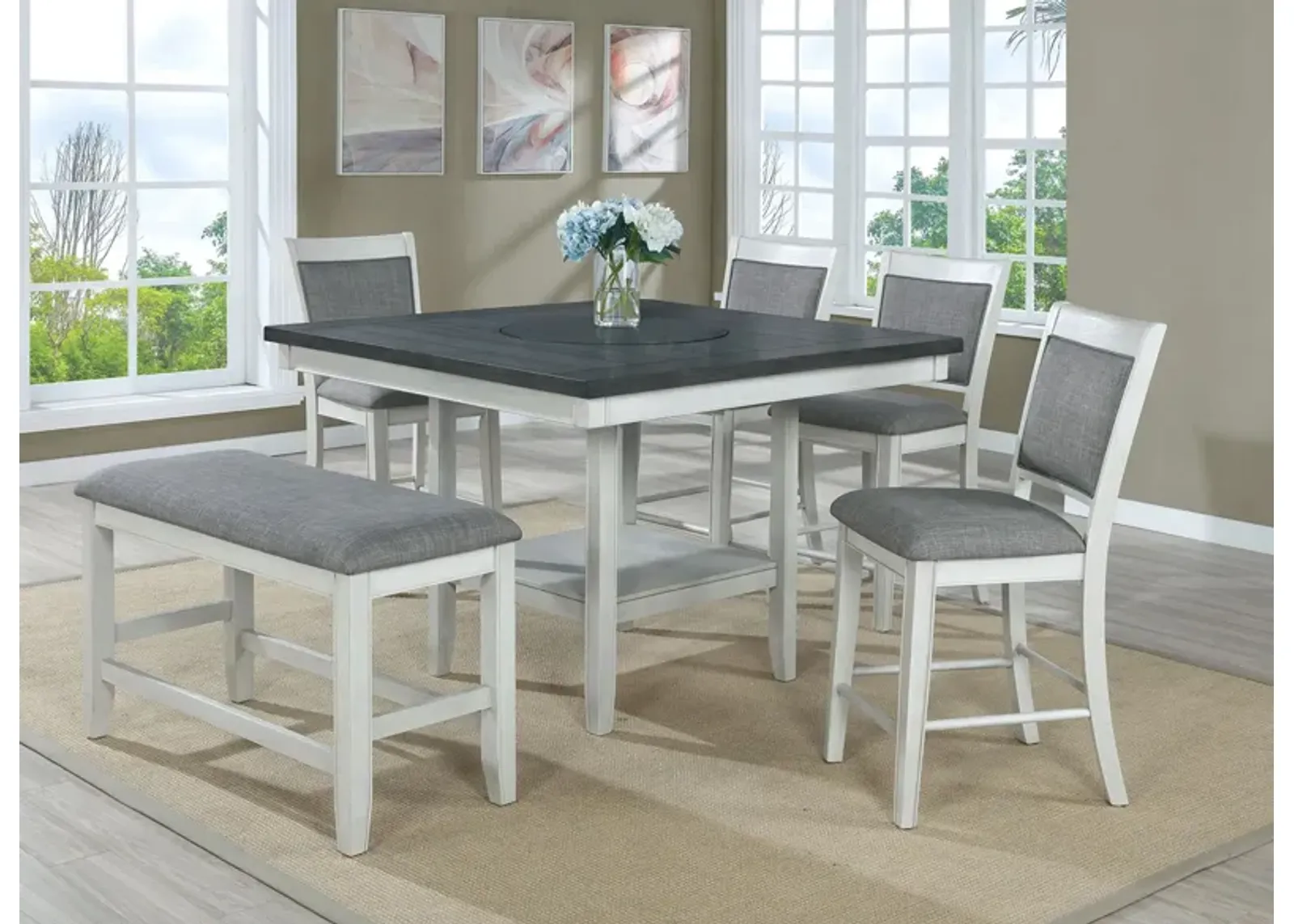 Fulton 6-pc. Counter-Height Dining Set with Bench in Gray/White by Crown Mark