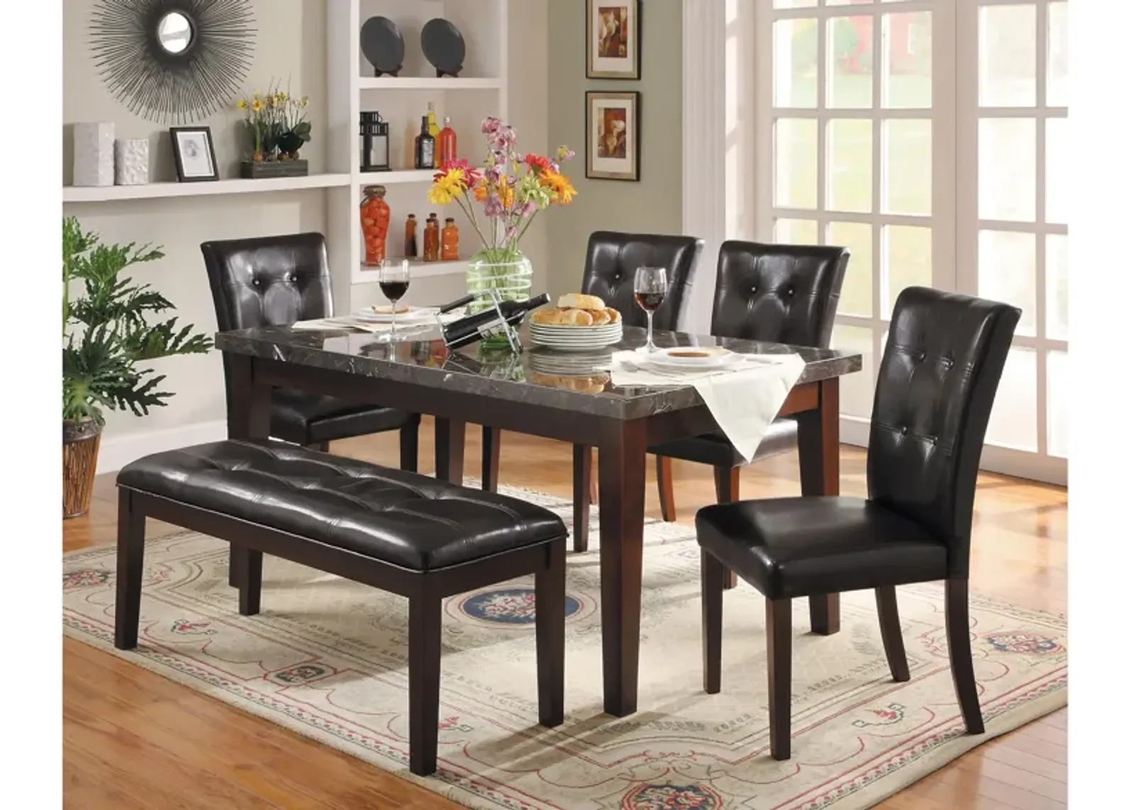 Diego 6-pc. Dining Set W/ Bench in Dark Cherry with Black Marble Top by Homelegance