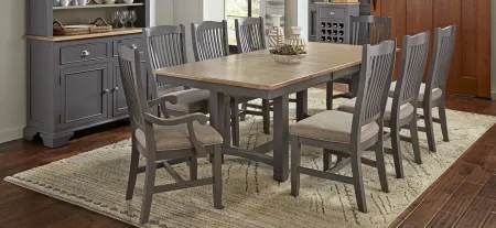 Port Townsend 9-pc. Rectangular Trestle Upholstered Dining Set in Gull Gray-Seaside Pine by A-America