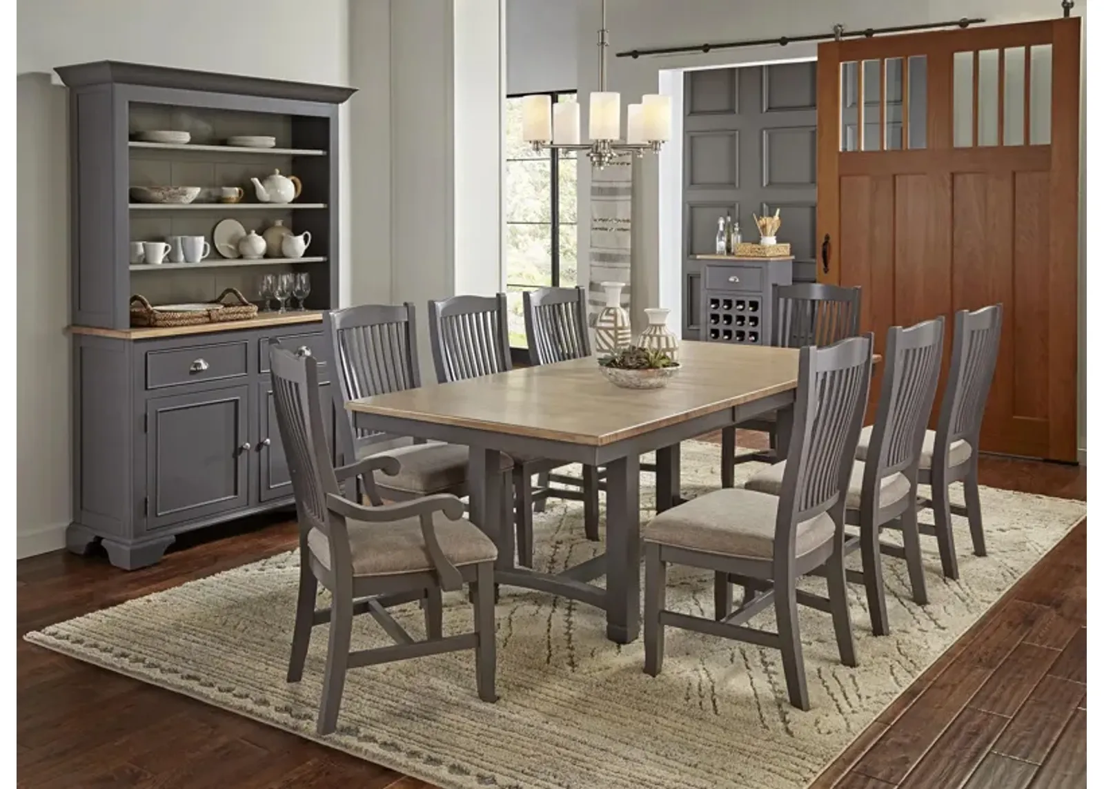 Port Townsend 9-pc. Rectangular Trestle Upholstered Dining Set in Gull Gray-Seaside Pine by A-America