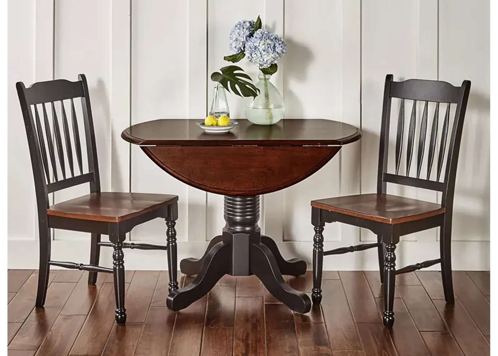 British Isles 3-pc. Round Slatback Dining Set with Drop-Leaves in Oak-Black by A-America