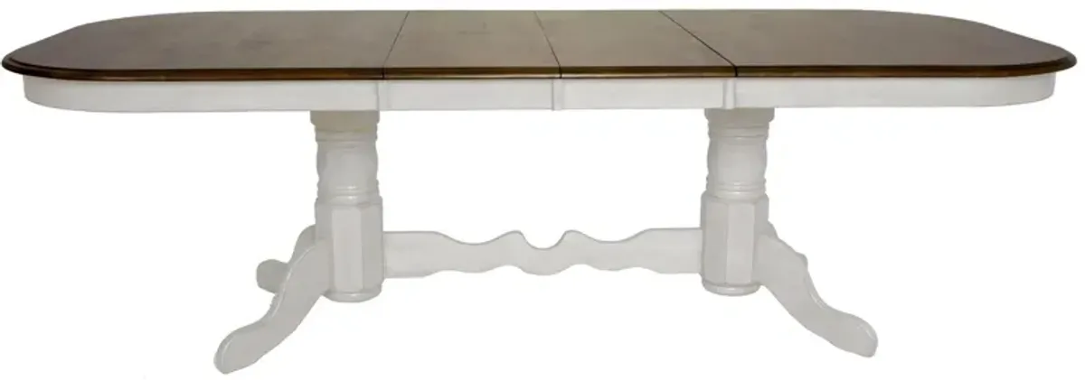 Fenway Double Pedestal Dining Table w/ Leaves in Distressed Antique White and Chestnut by Sunset Trading