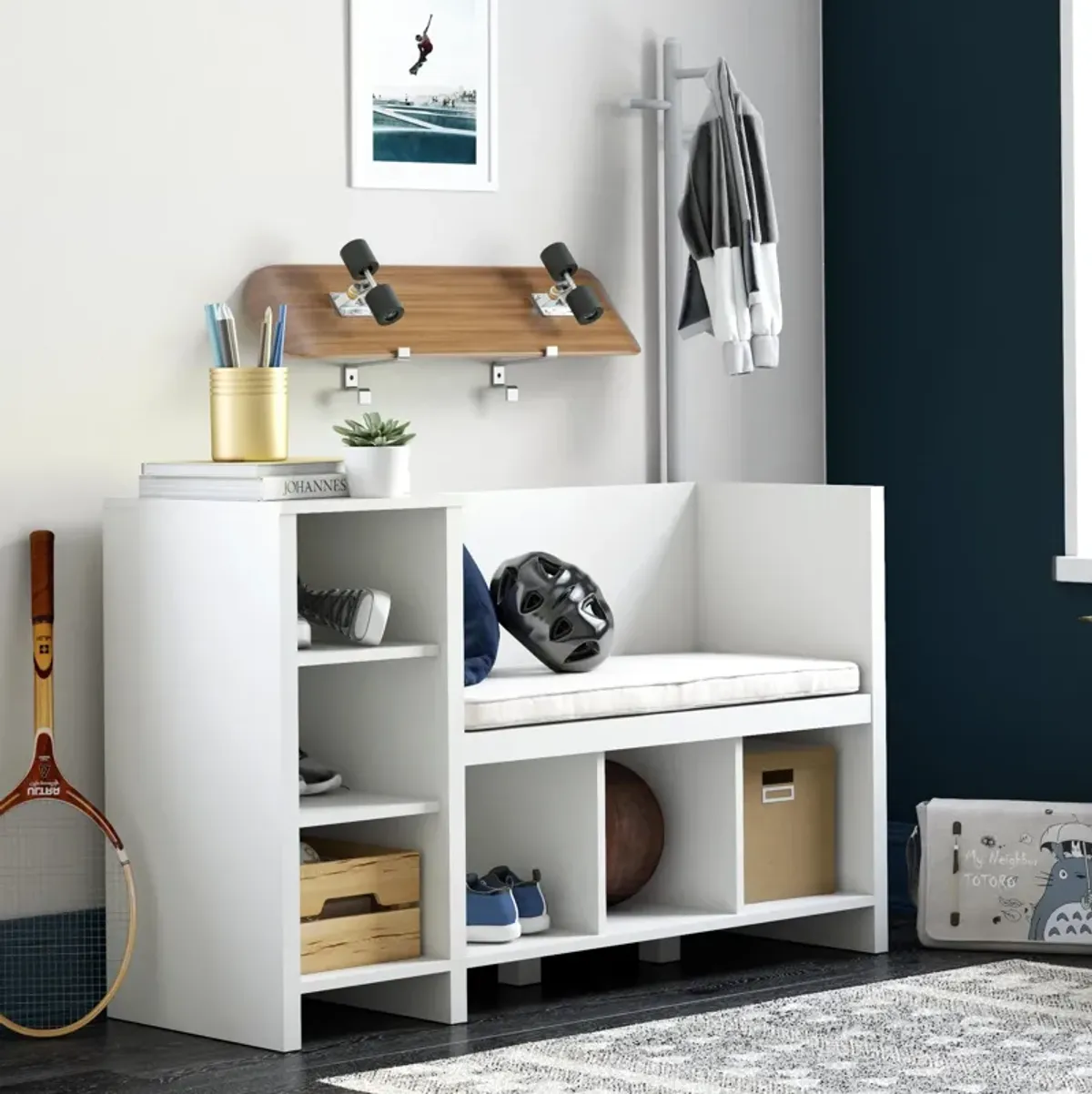 Jocelyn Storage Bench and Coat Rack with 6 Shelves