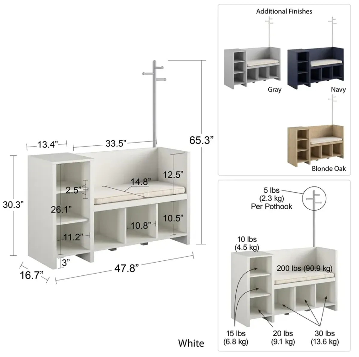 Jocelyn Storage Bench and Coat Rack with 6 Shelves