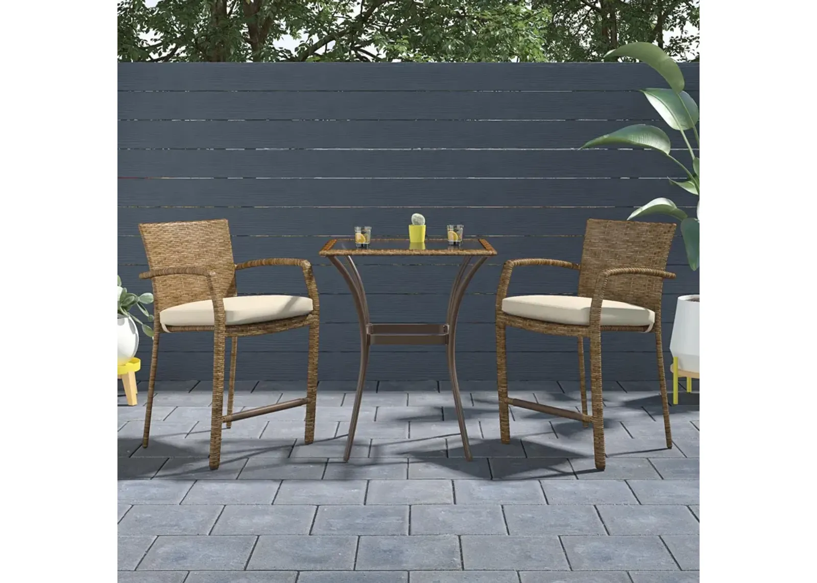 3 Piece High Top Bistro Wicker Patio Table and Chairs Set