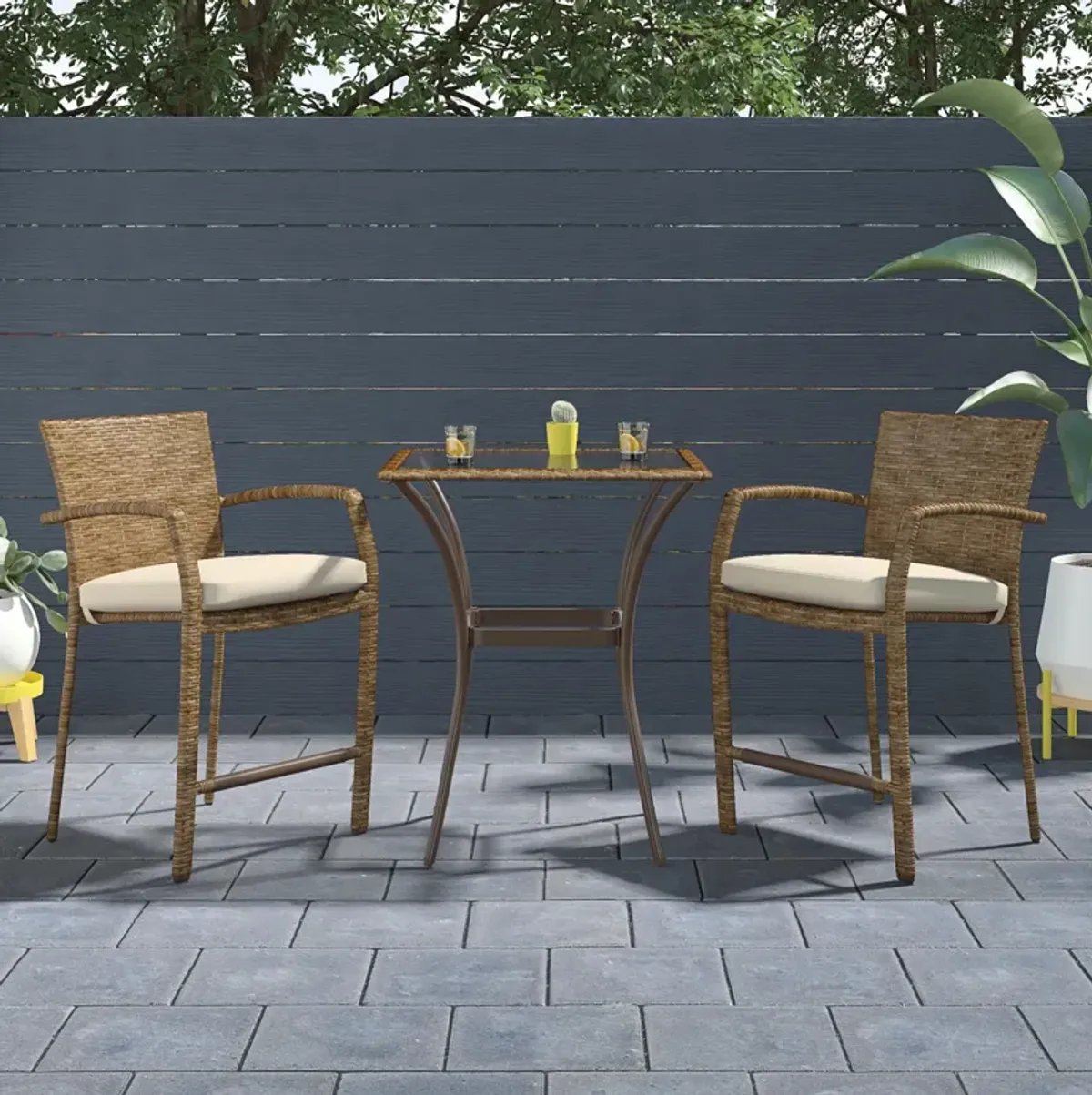 3 Piece High Top Bistro Wicker Patio Table and Chairs Set