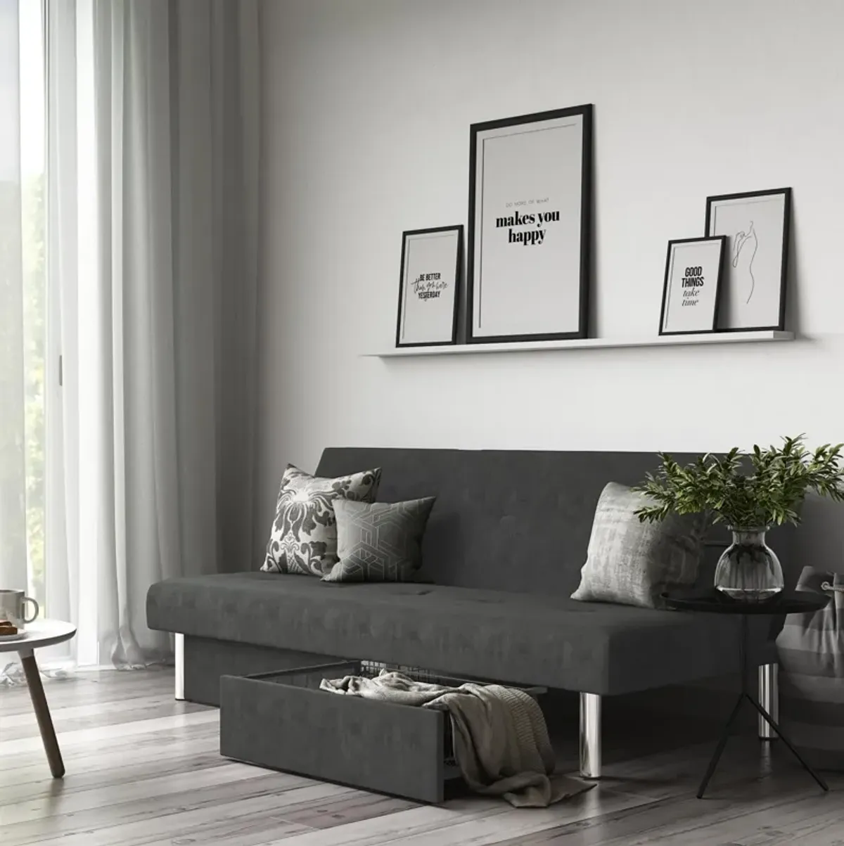Sola Upholstered Storage Futon with 2 Drawers and Chrome Legs