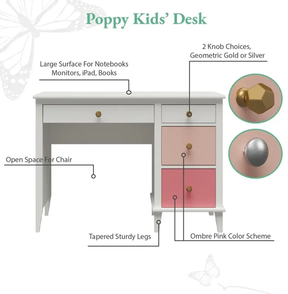 Monarch Hill Poppy Kids Desk with 2 Sets of Knobs