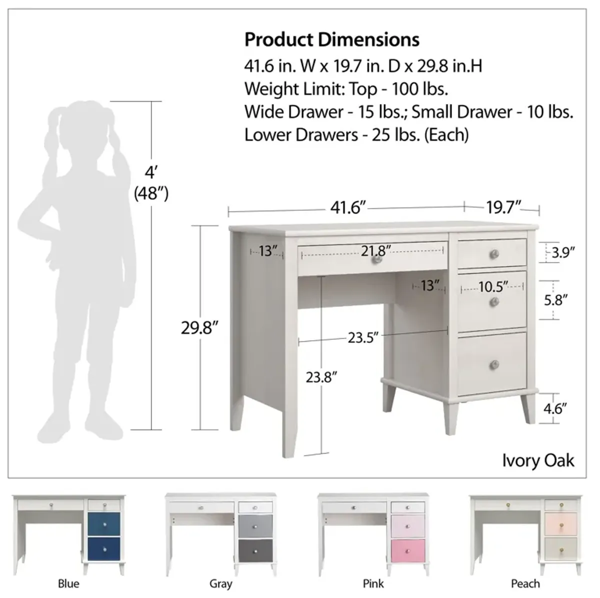 Monarch Hill Poppy Kids Desk with 2 Sets of Knobs