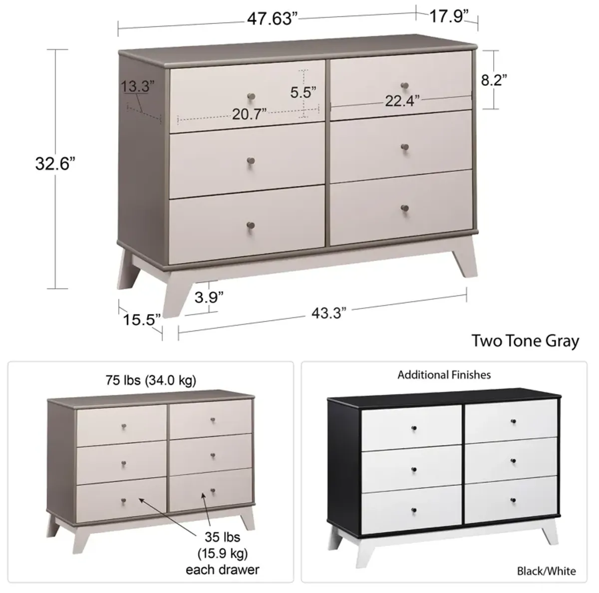 Rowan Valley Flint 6 Drawer Dresser with Solid Wood Angled Feet