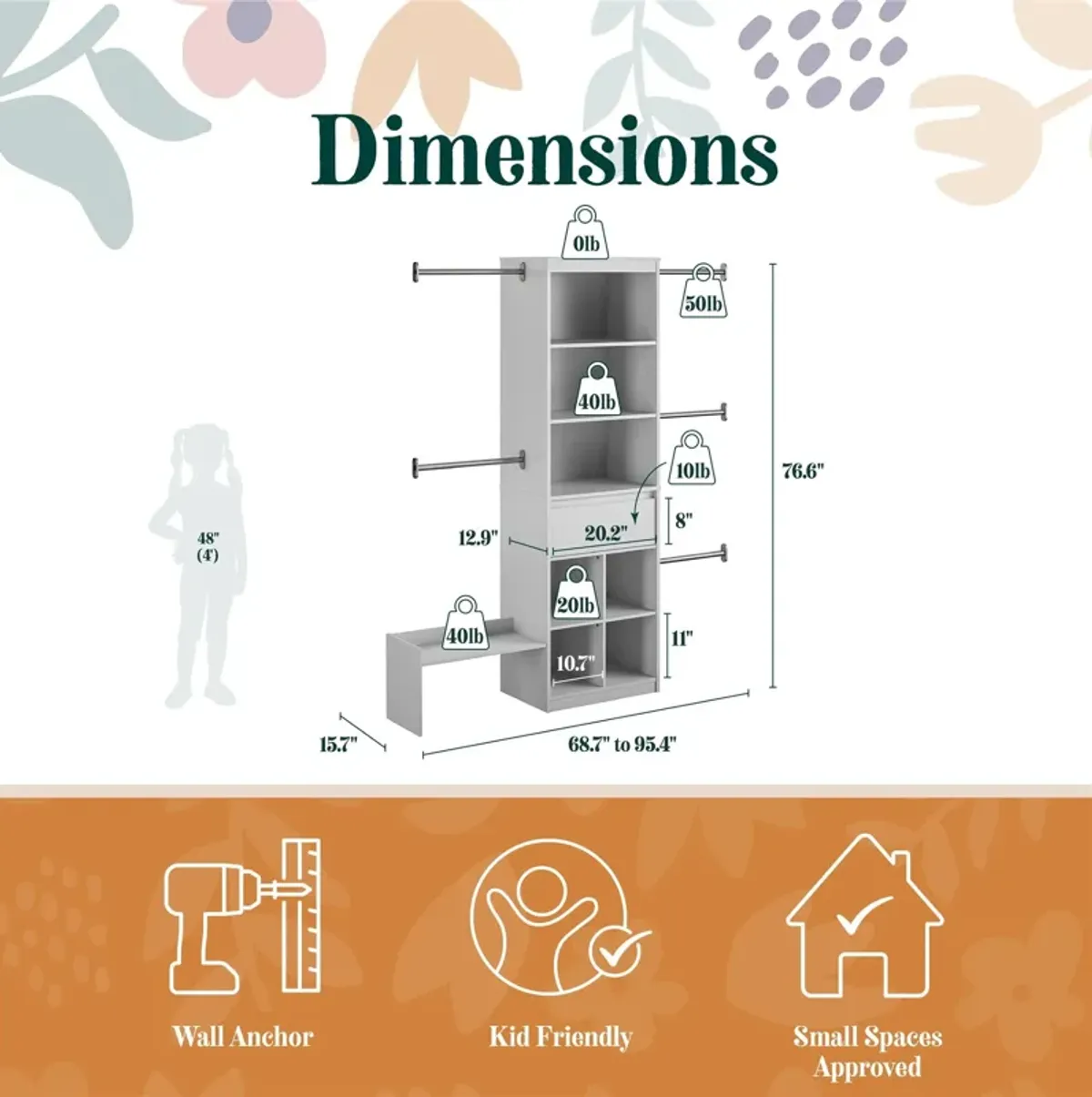 Grow with Me Adjustable Closet Organizer System with Adjustable Poles