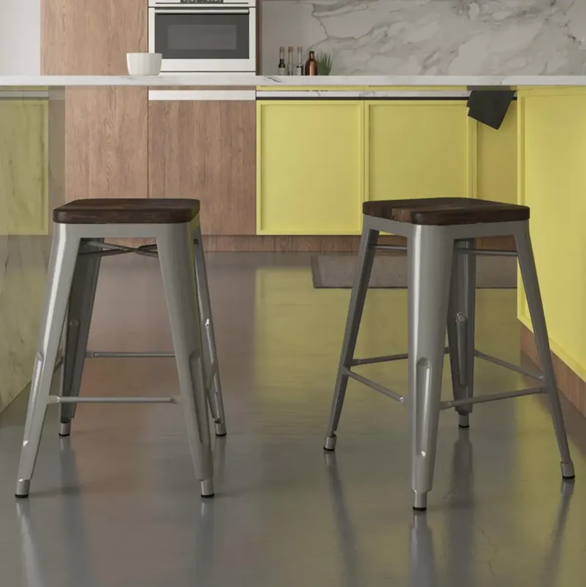 Fusion 24 Inch Stackable Metal and Wood Counter Height Bar Stools, Set of 2