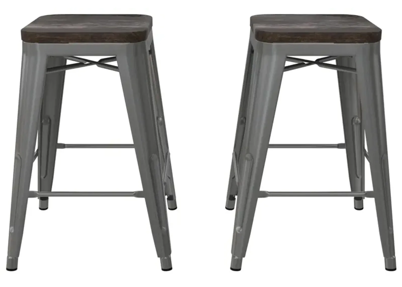 Fusion 24 Inch Stackable Metal and Wood Counter Height Bar Stools, Set of 2