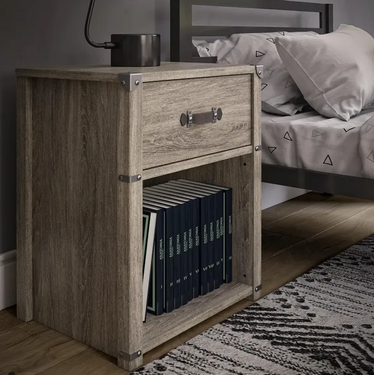 Nova 1 Drawer Storage Nightstand with Leather Drawer Pull