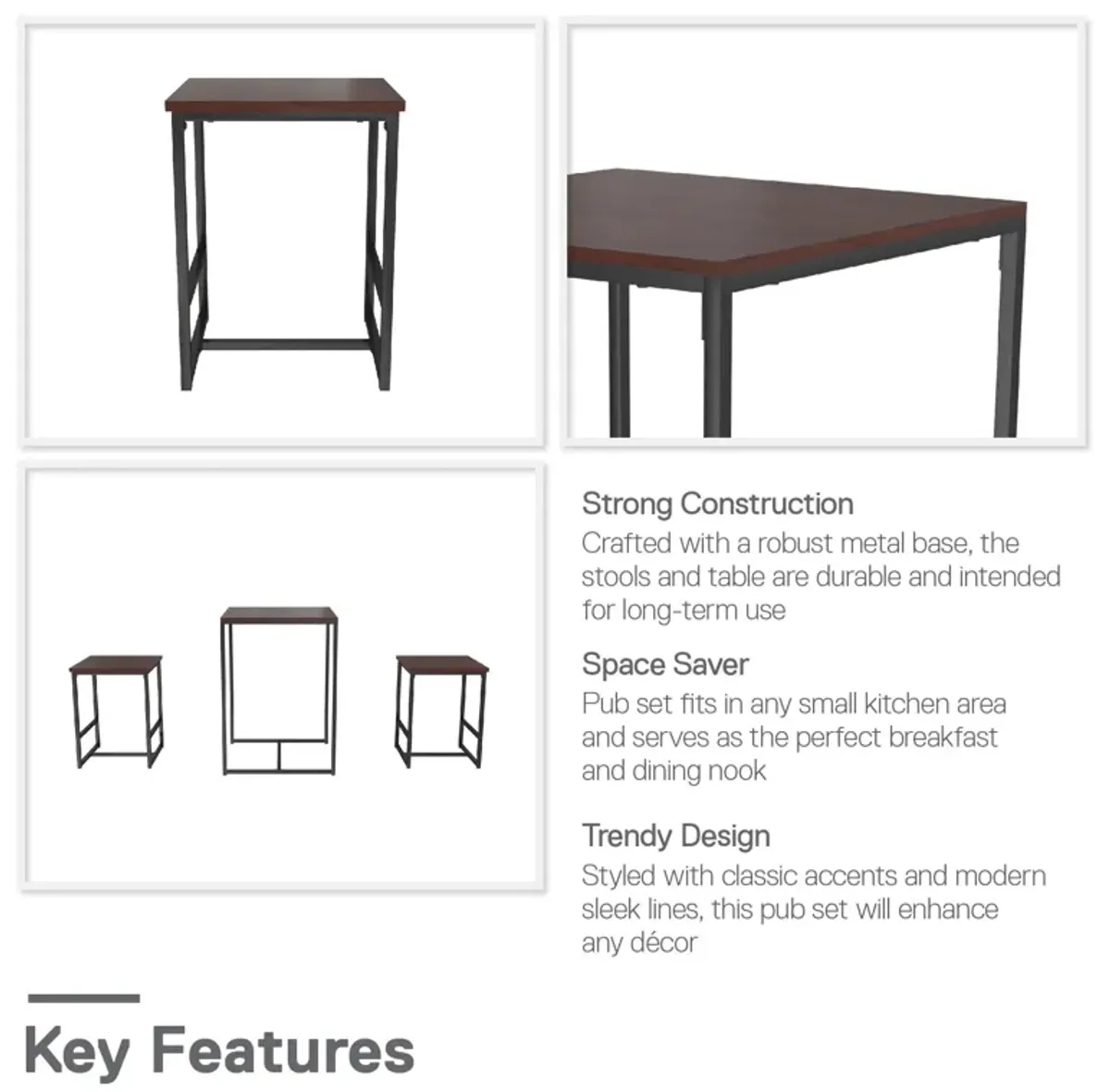 Bungalow 3-Piece Pub Set with Wood Tabletop and Metal Frame