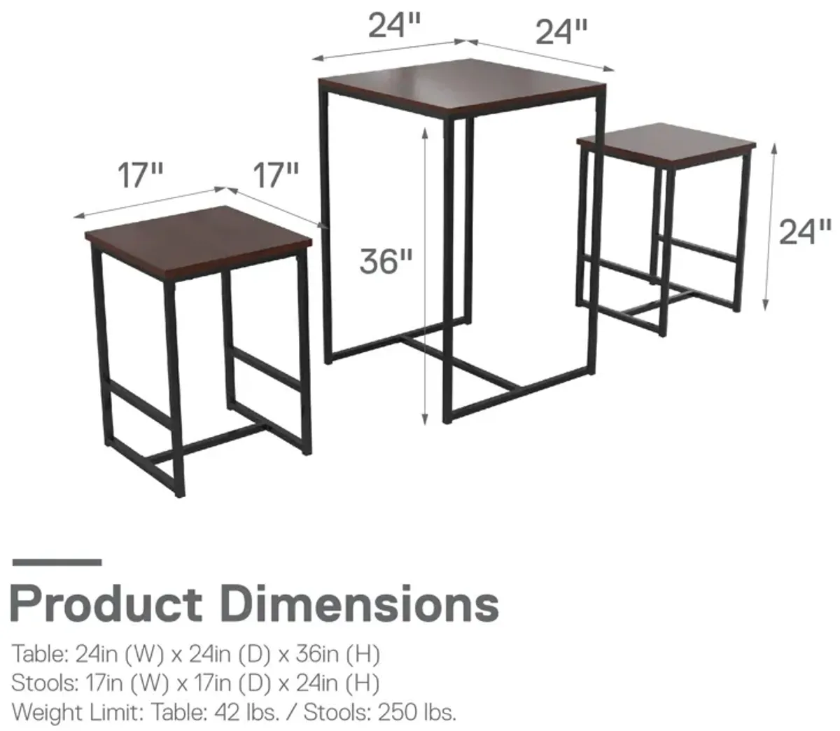 Bungalow 3-Piece Pub Set with Wood Tabletop and Metal Frame