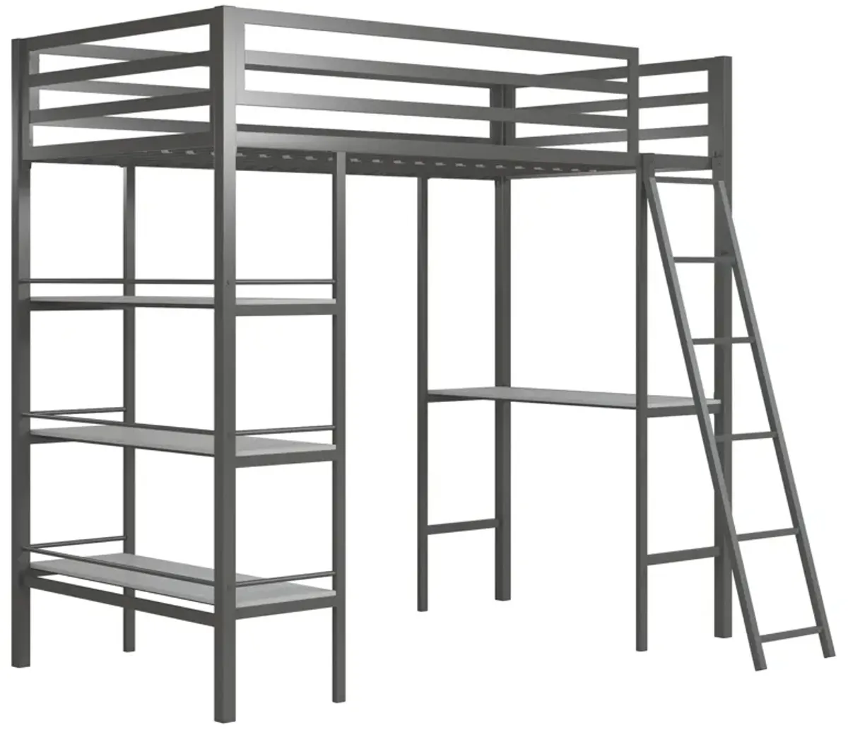 Nova Metal Loft Bed with Desk, 3 Shelves, Ladder and Full-Length Guardrails