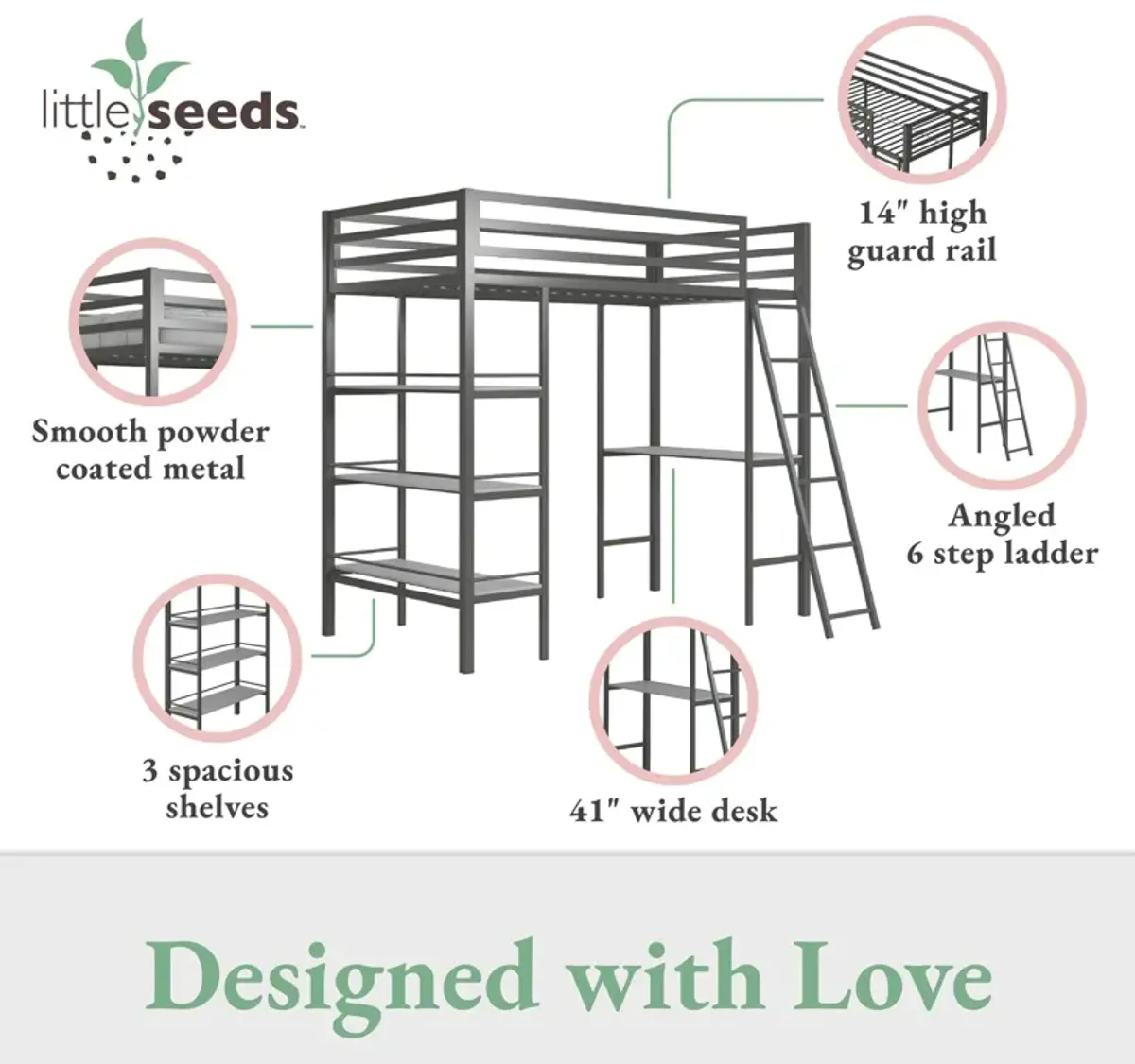 Nova Metal Loft Bed with Desk, 3 Shelves, Ladder and Full-Length Guardrails