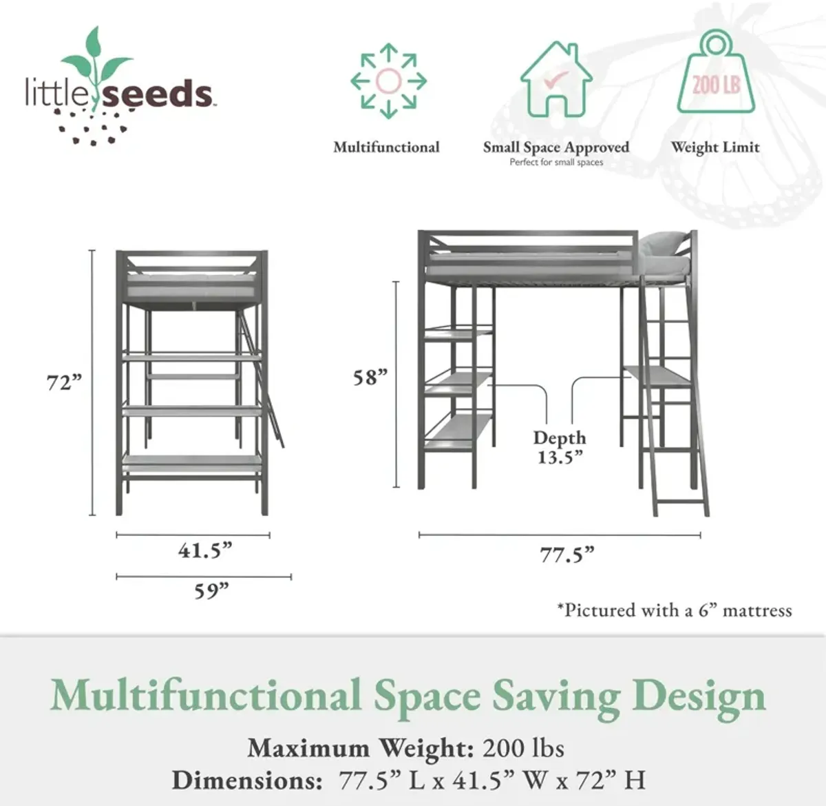 Nova Metal Loft Bed with Desk, 3 Shelves, Ladder and Full-Length Guardrails