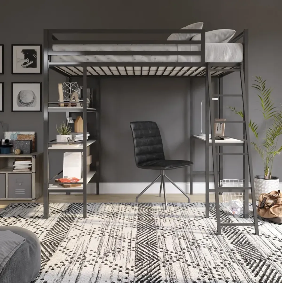 Nova Metal Loft Bed with Desk, 3 Shelves, Ladder and Full-Length Guardrails