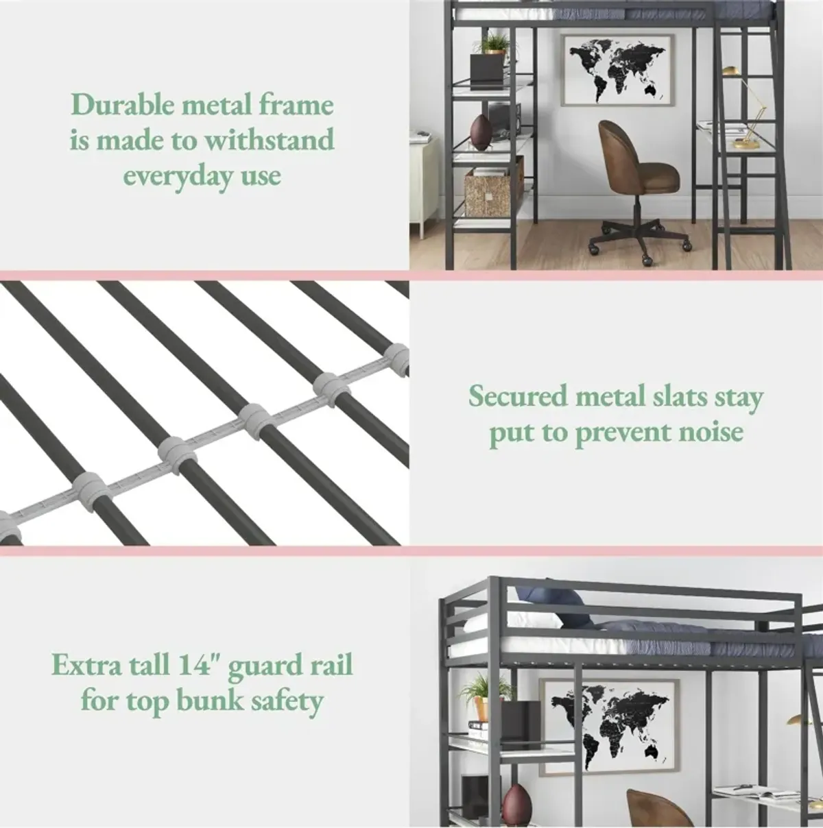 Nova Metal Loft Bed with Desk, 3 Shelves, Ladder and Full-Length Guardrails