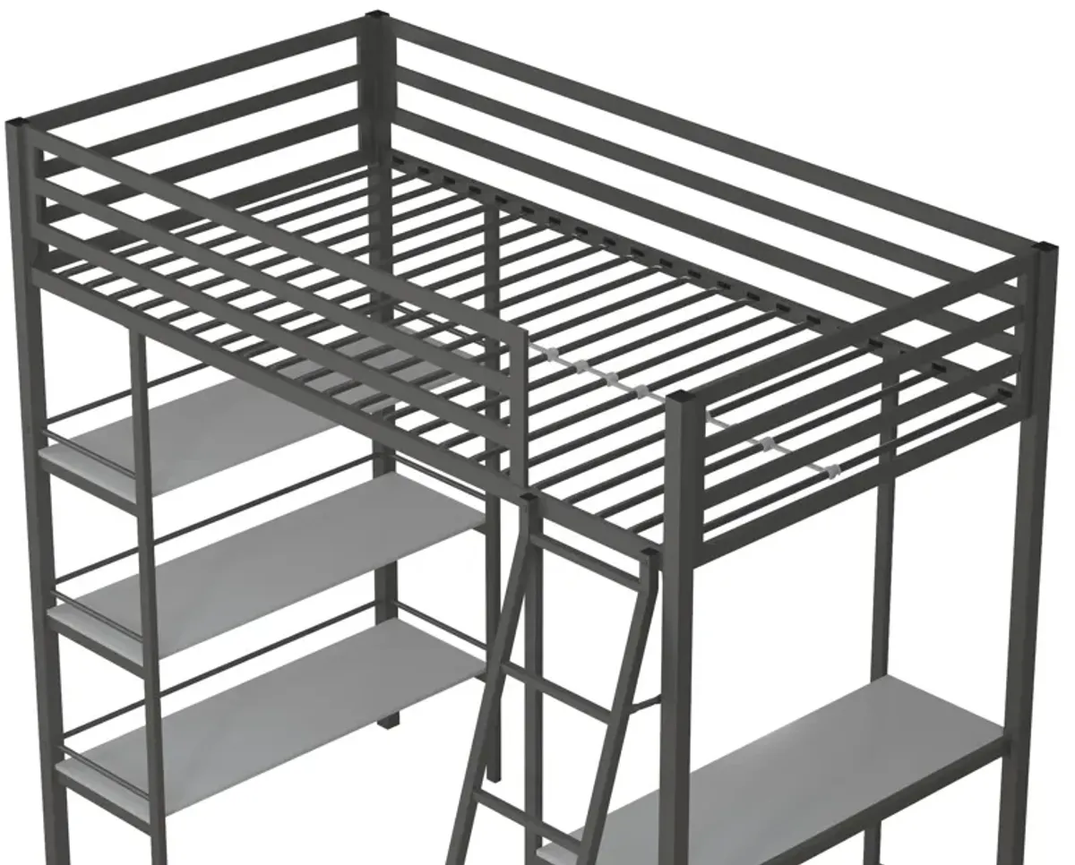 Nova Metal Loft Bed with Desk, 3 Shelves, Ladder and Full-Length Guardrails