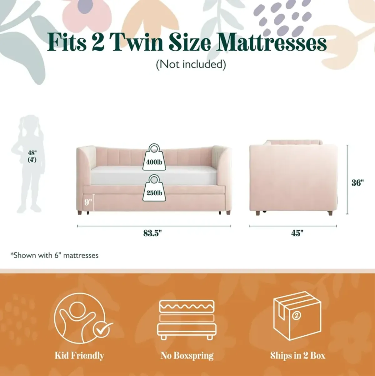 Valentina Upholstered Daybed with Trundle and Vertical Stitching