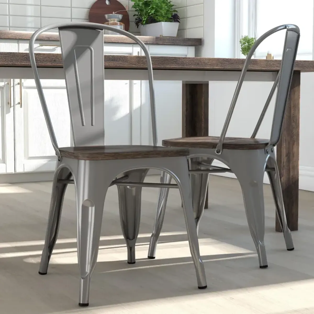 Fusion Metal Dining Chair with Wood Seat, Set of 2