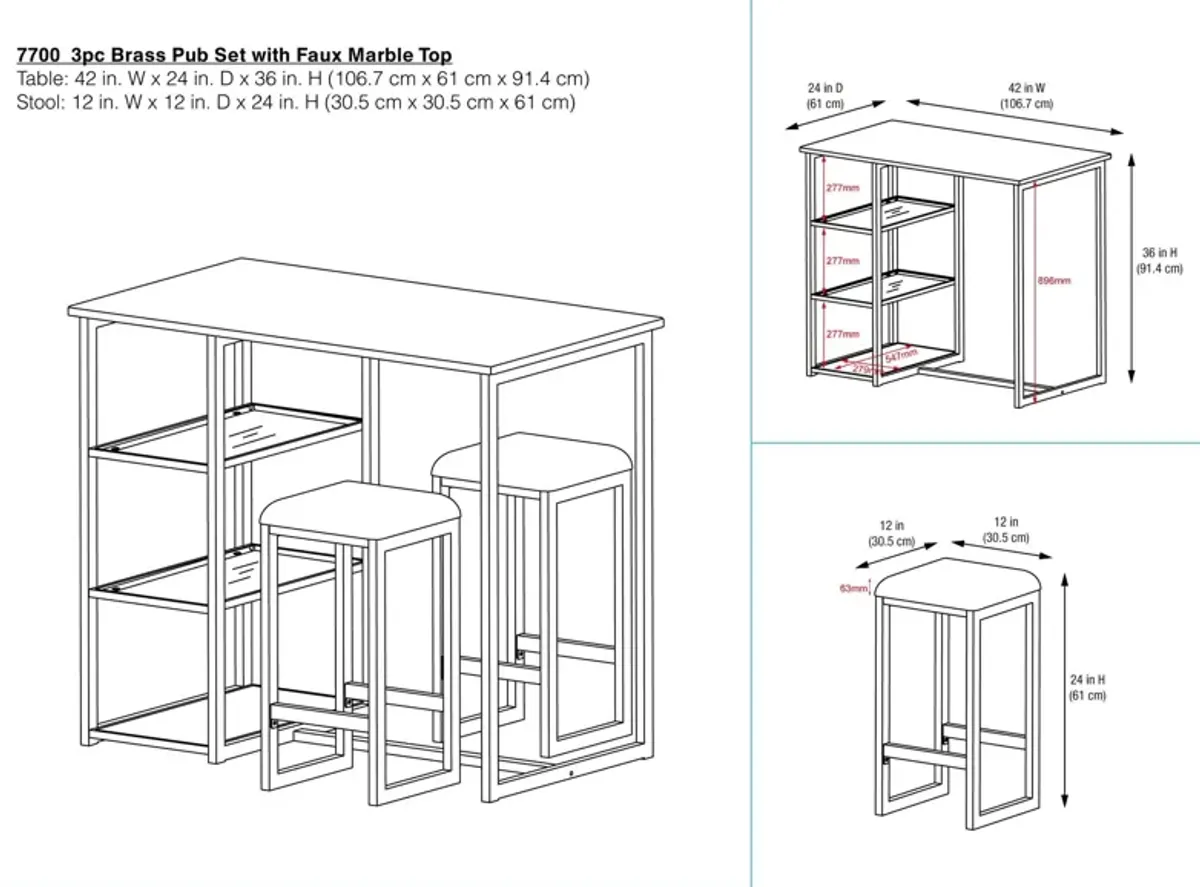 Tanner 3 Piece Brass Pub Set with 2 Bar Stools, a Faux Marble Top and 3 Storage Shelves