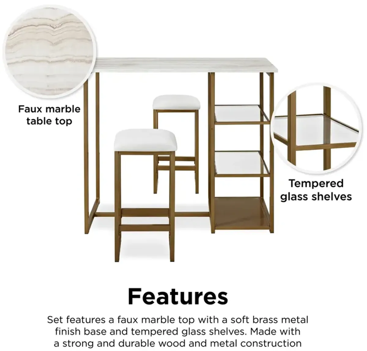 Tanner 3 Piece Brass Pub Set with 2 Bar Stools, a Faux Marble Top and 3 Storage Shelves