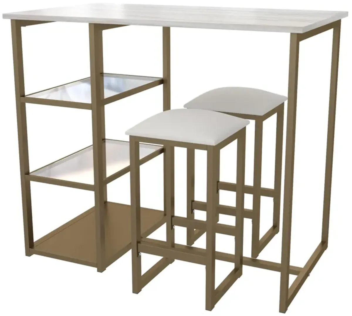 Tanner 3 Piece Brass Pub Set with 2 Bar Stools, a Faux Marble Top and 3 Storage Shelves