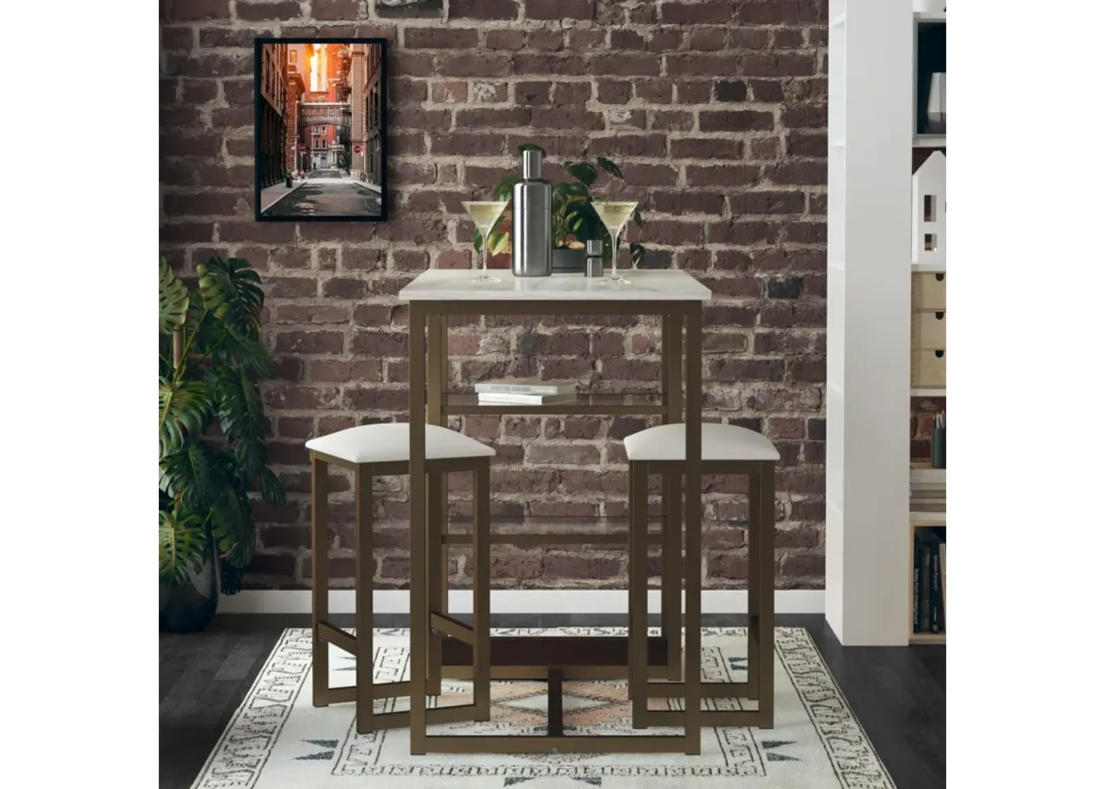 Tanner 3 Piece Brass Pub Set with 2 Bar Stools, a Faux Marble Top and 3 Storage Shelves