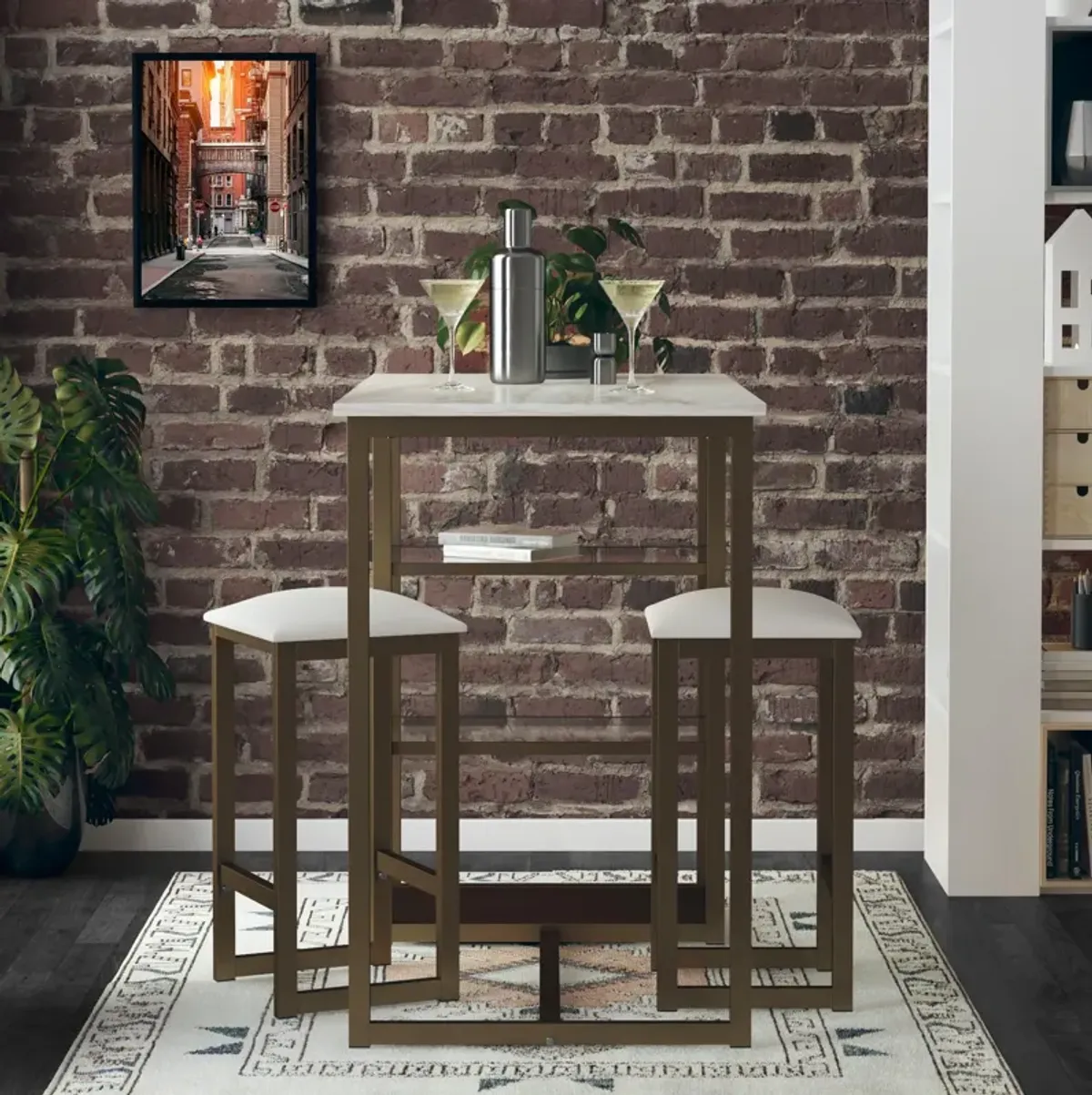 Tanner 3 Piece Brass Pub Set with 2 Bar Stools, a Faux Marble Top and 3 Storage Shelves