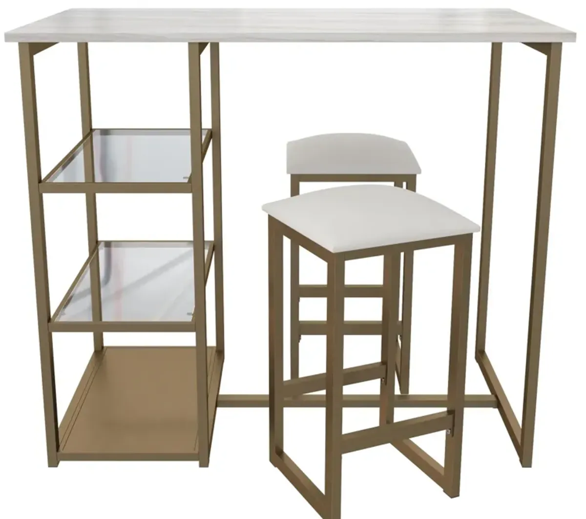 Tanner 3 Piece Brass Pub Set with 2 Bar Stools, a Faux Marble Top and 3 Storage Shelves