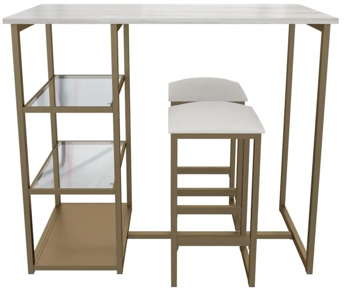 Tanner 3 Piece Brass Pub Set with 2 Bar Stools, a Faux Marble Top and 3 Storage Shelves