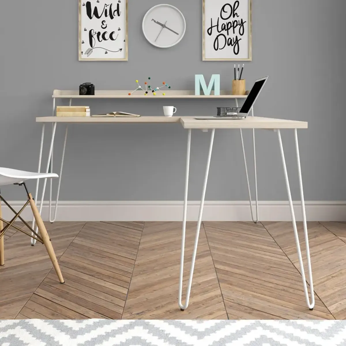 Haven Retro Computer L Desk with Riser and Metal Hairpin Legs