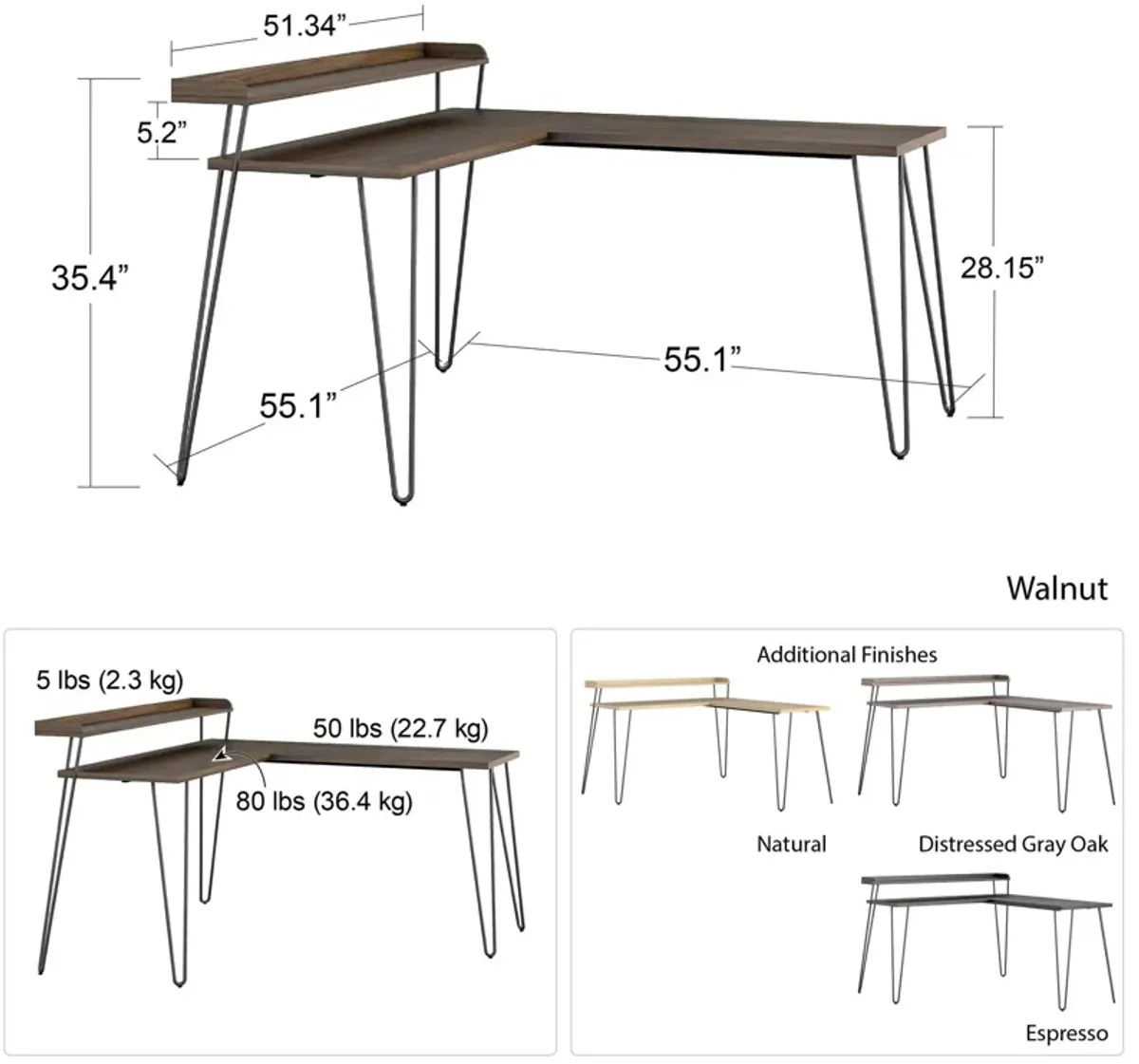 Haven Retro Computer L Desk with Riser and Metal Hairpin Legs