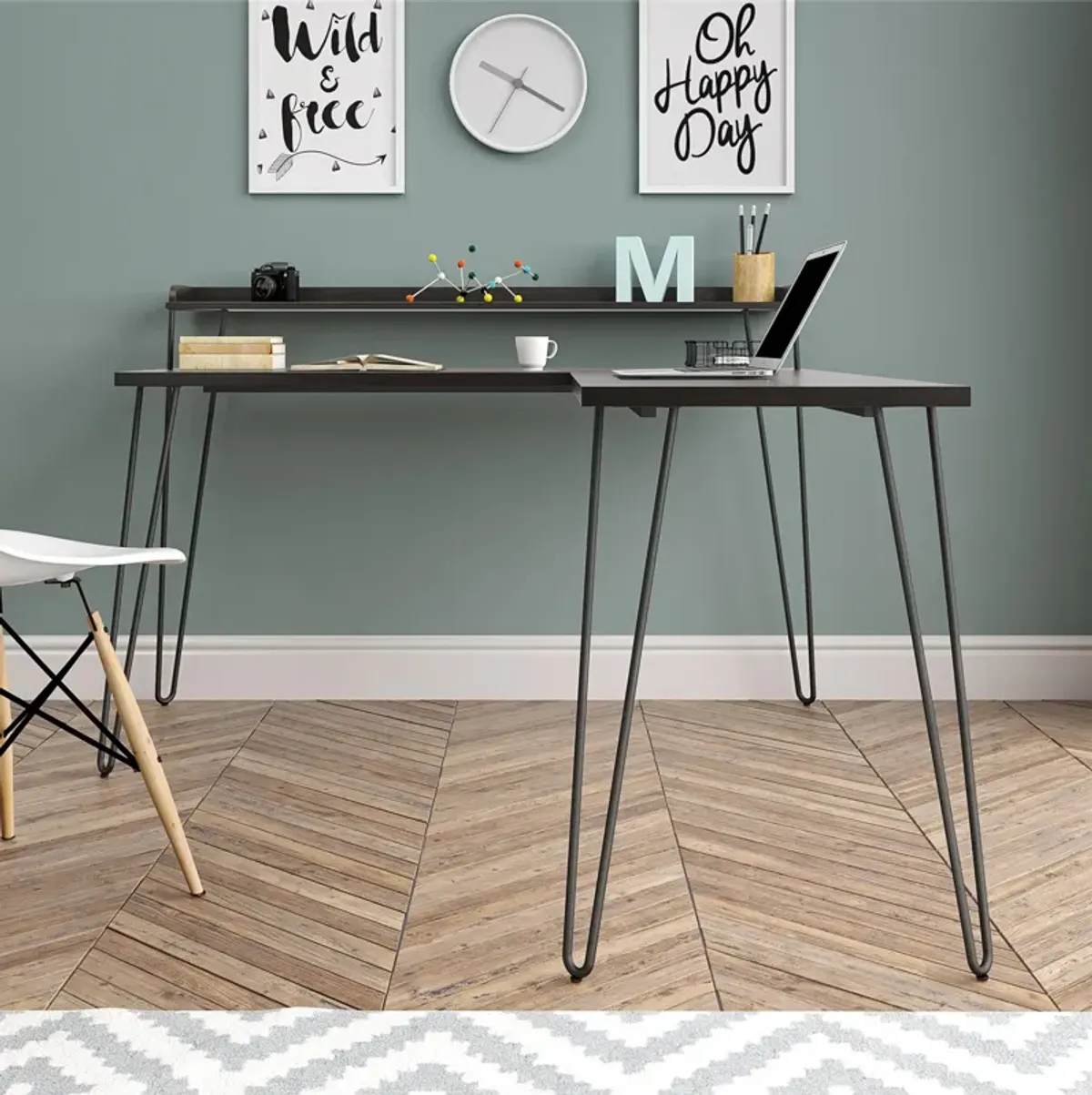 Haven Retro Computer L Desk with Riser and Metal Hairpin Legs