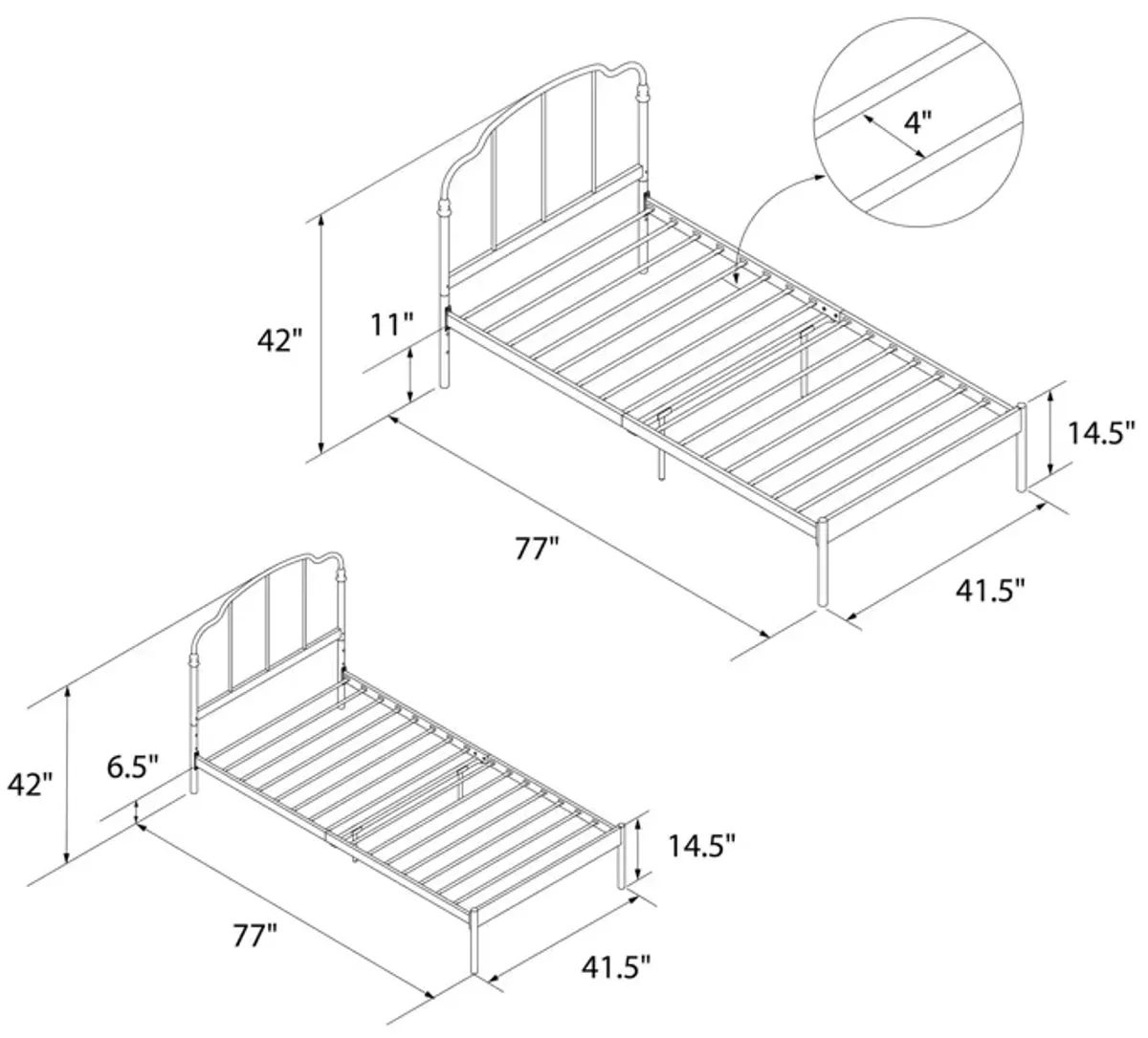 Camie Metal Bed with Adjustable Height Base and Vintage Headboard