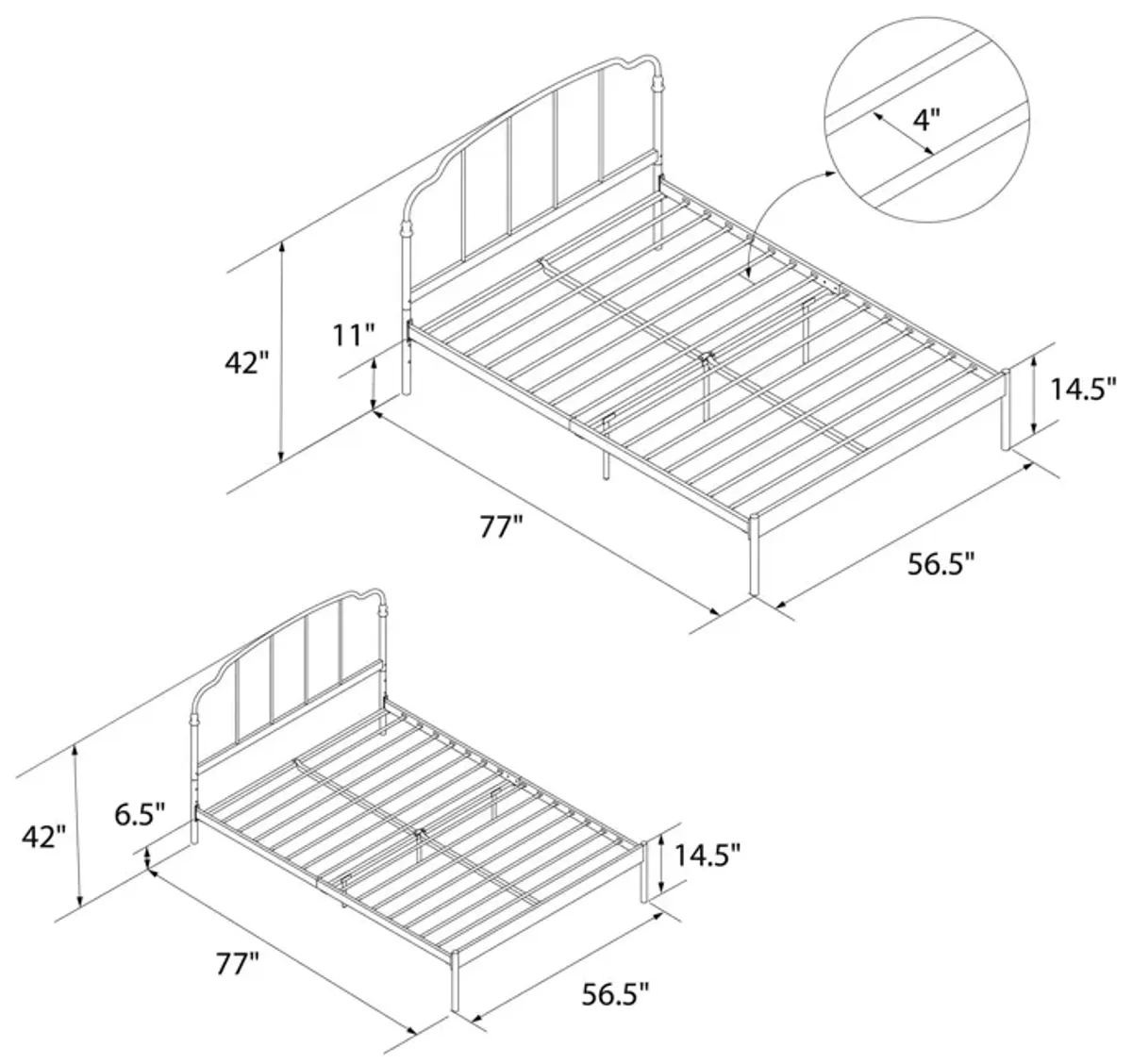 Camie Metal Bed with Adjustable Height Base and Vintage Headboard