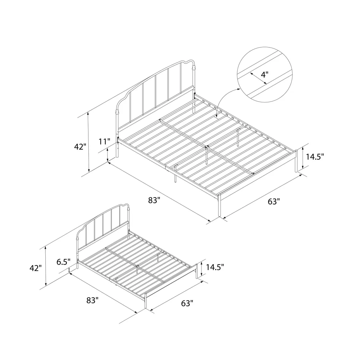 Camie Metal Bed with Adjustable Height Base and Vintage Headboard