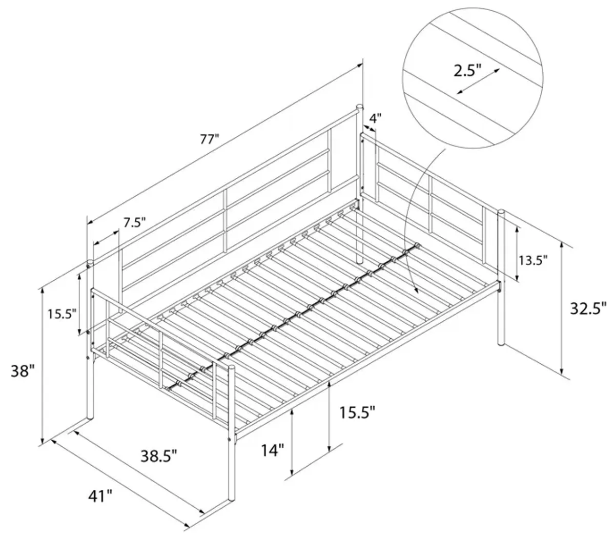 Praxis Metal Daybed with Steel Frame and Slats